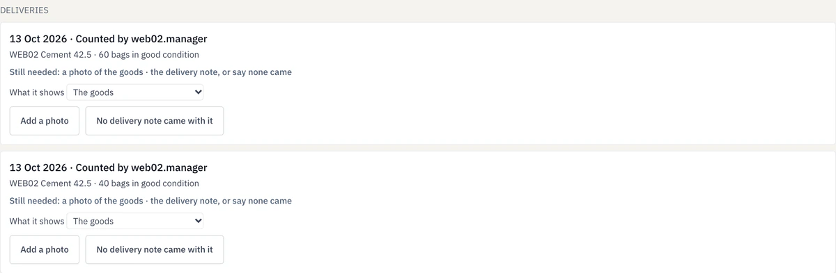 Saved order delivery history lists 60 and 40 bags received, and shows the missing photo and delivery-note prompts.