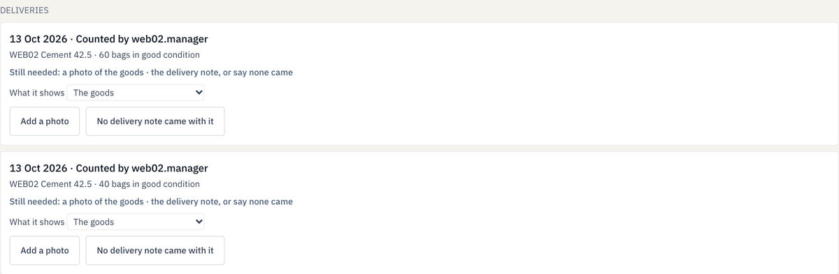 Saved order delivery history lists 60 and 40 bags received, and shows the missing photo and delivery-note prompts.