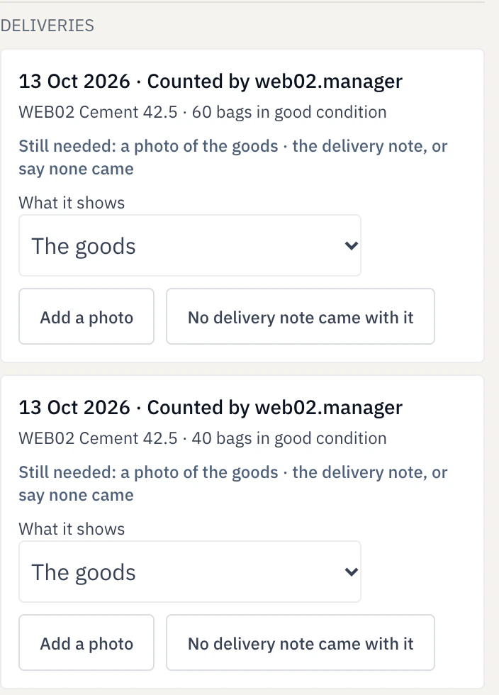 Saved order delivery history lists 60 and 40 bags received, and shows the missing photo and delivery-note prompts.