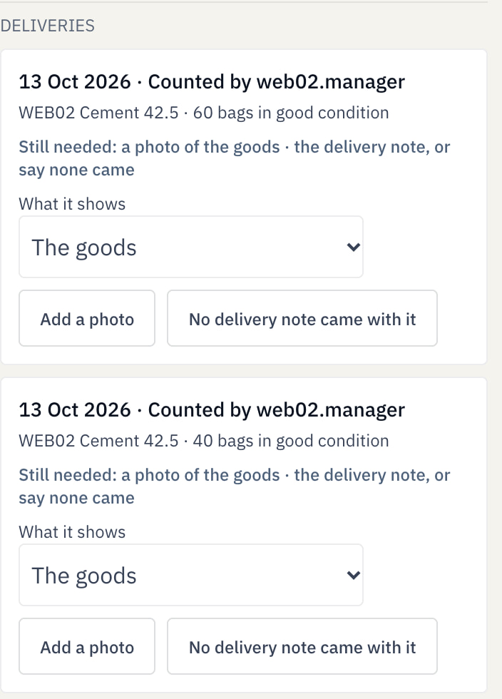 Saved order delivery history lists 60 and 40 bags received, and shows the missing photo and delivery-note prompts.
