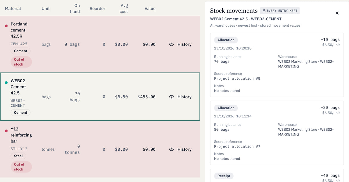 WEB02 Cement stock and its movement history show 70 bags remaining and separate allocations to projects 9 and 7.