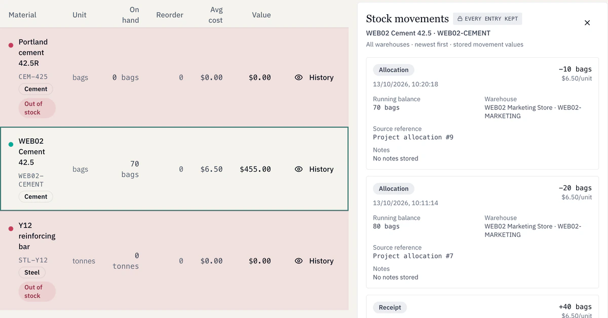 WEB02 Cement stock and its movement history show 70 bags remaining and separate allocations to projects 9 and 7.