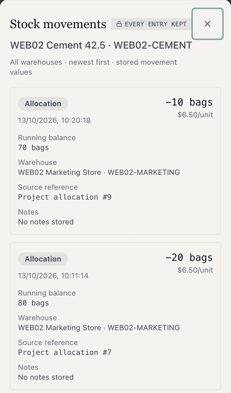 WEB02 Cement stock and its movement history show 70 bags remaining and separate allocations to projects 9 and 7.