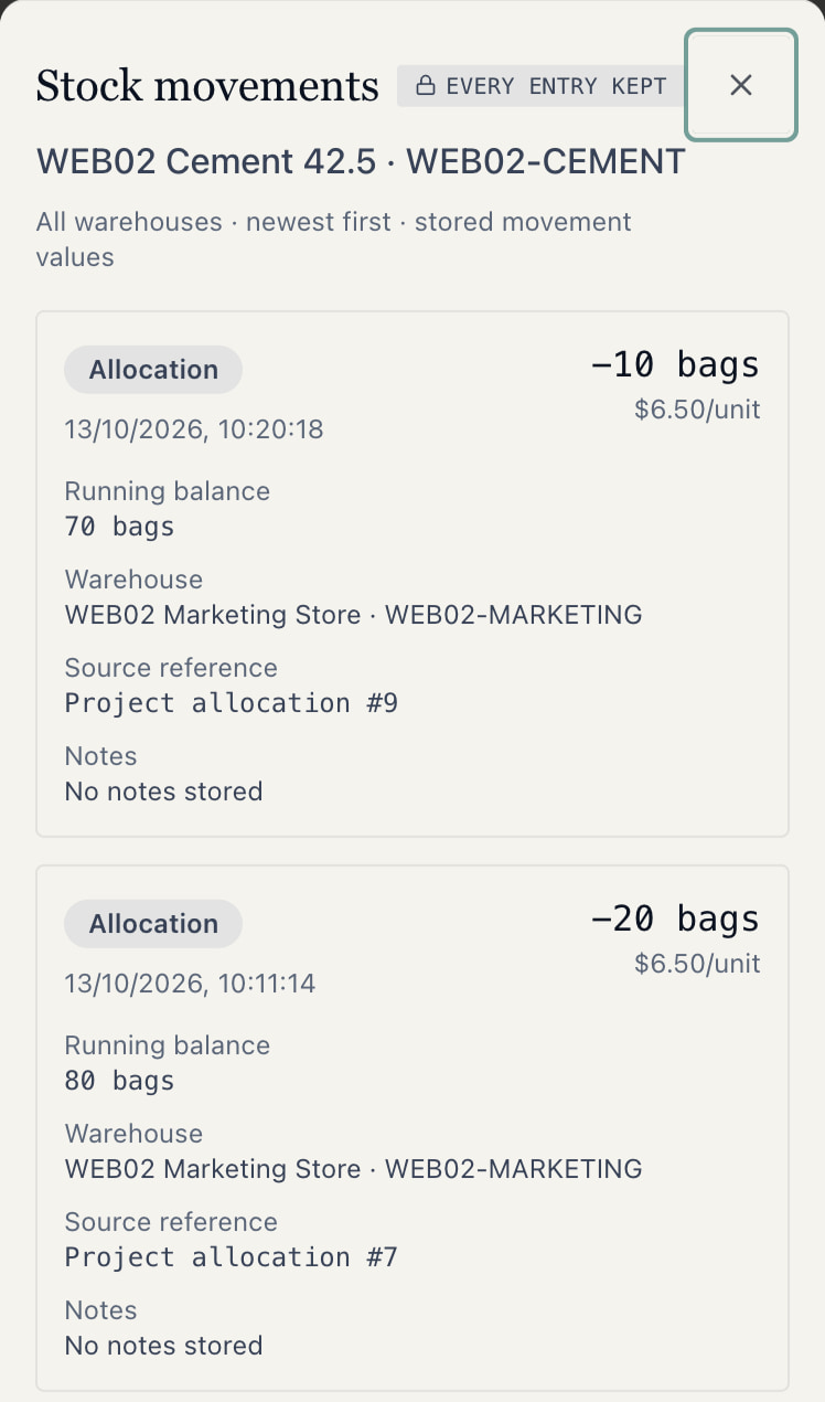 WEB02 Cement stock and its movement history show 70 bags remaining and separate allocations to projects 9 and 7.