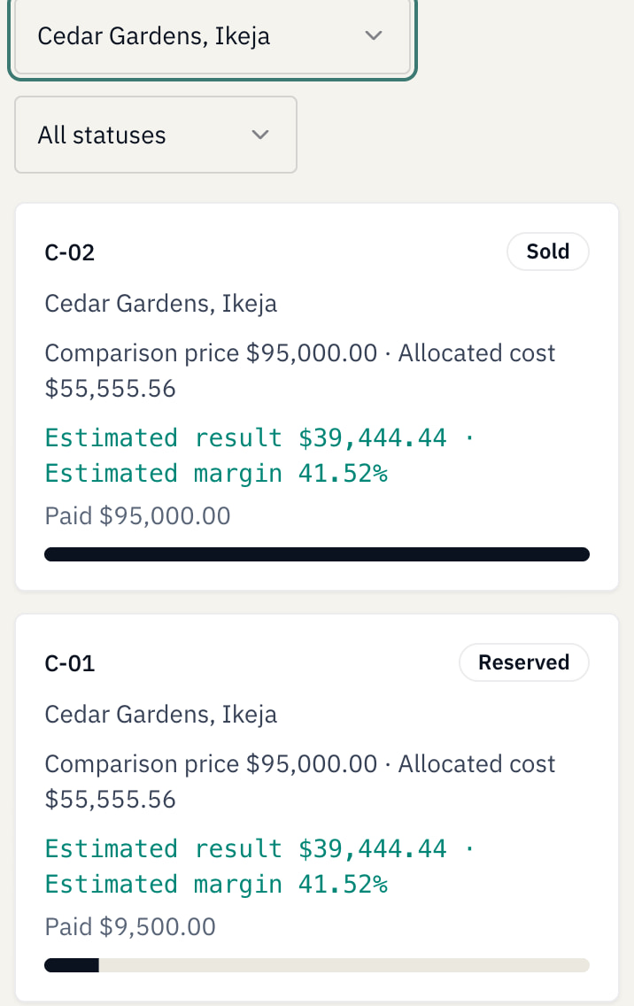 Actual mobile Cedar unit rows and the price-versus-cost estimate basis; the summary covers all projects and filtering changes rows only.
