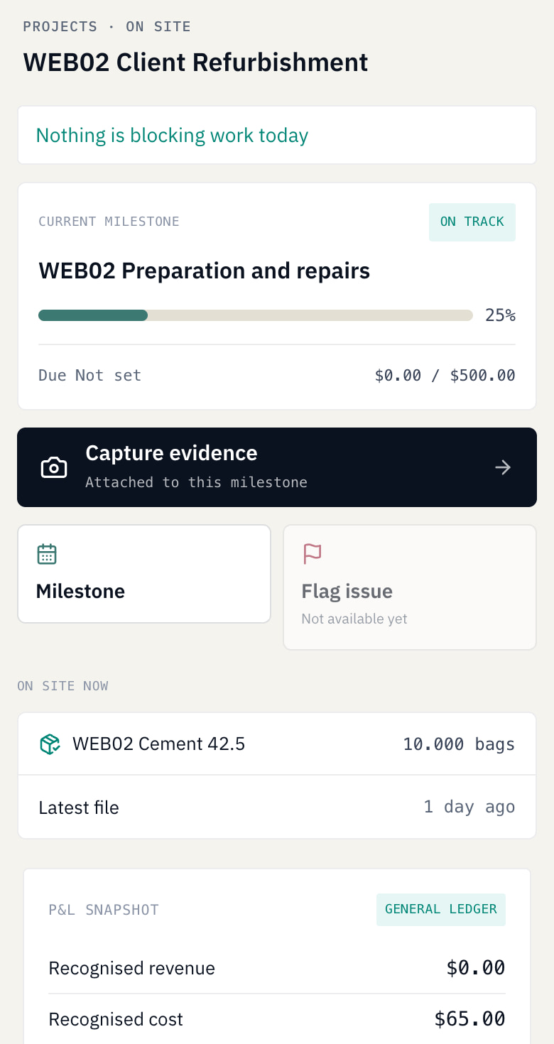Client refurbishment mobile web view shows the accepted recorded job state.