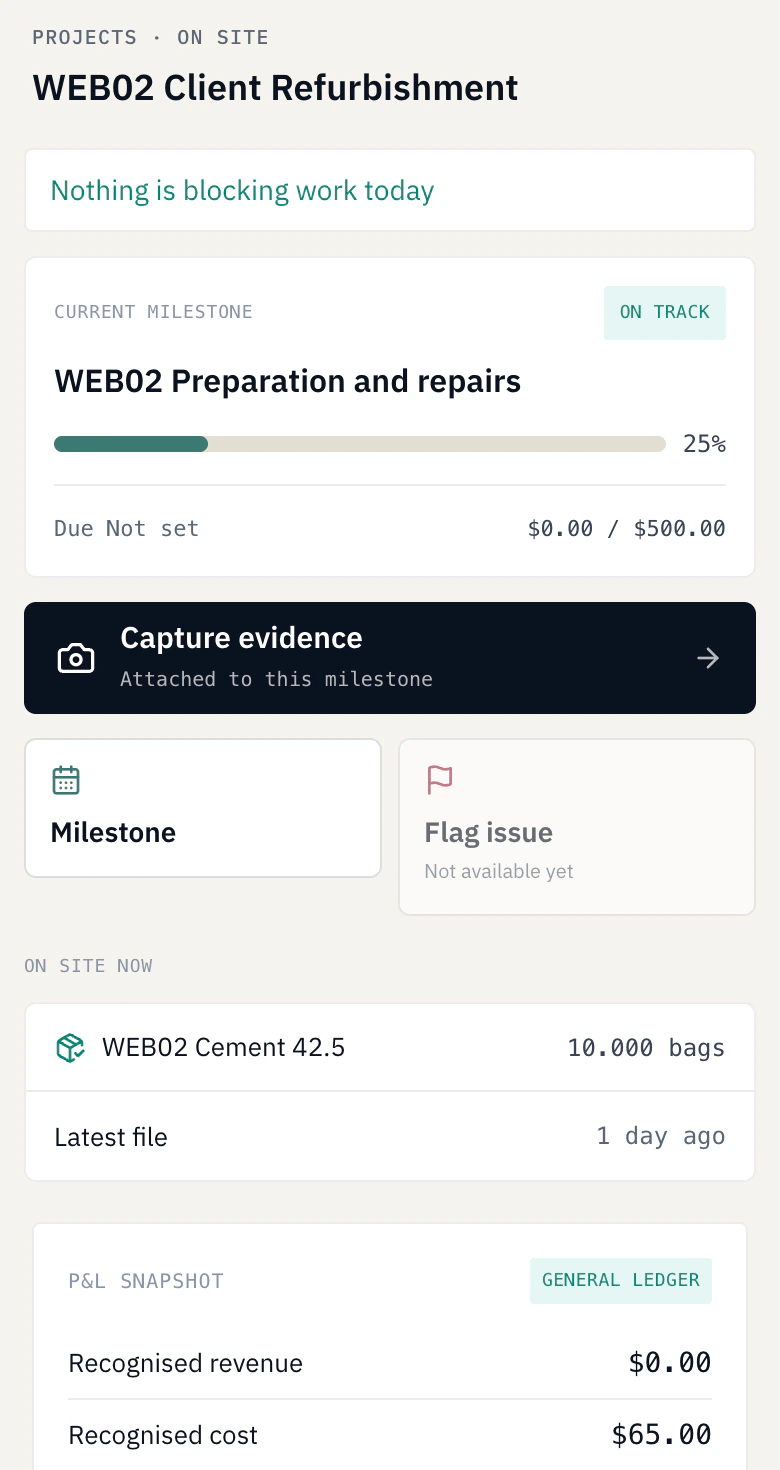Original WEB02 Client Refurbishment mobile web view shows the accepted recorded job state.